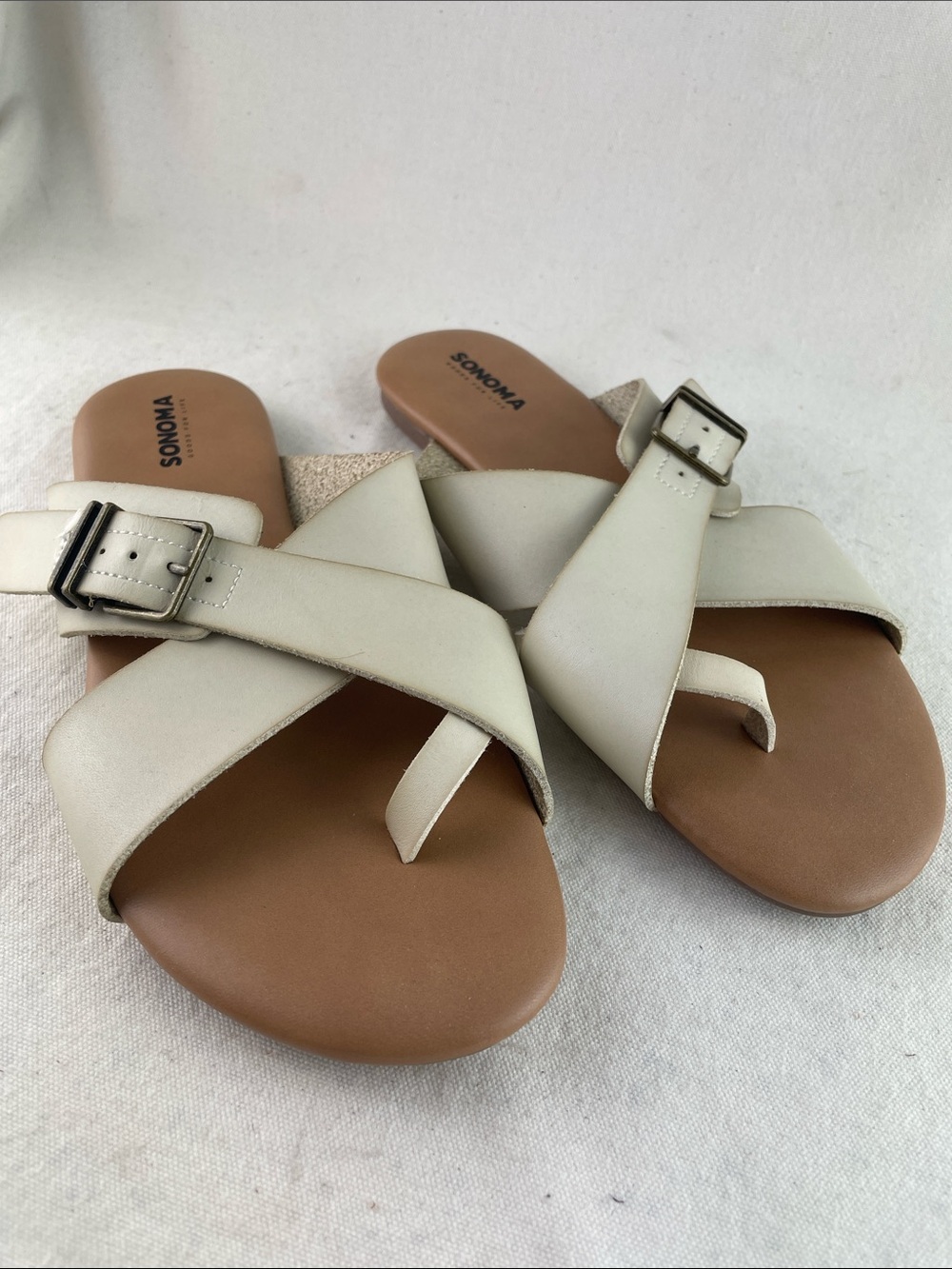 Sonoma Cream Cross-Strap Toe-Ring Slide Sandals with Buckle Size 9